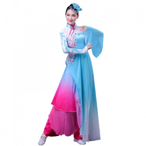 Women's chinese folk dance costumes blue color fairy dress ancient traditional fan umbrella yangko dance dresses